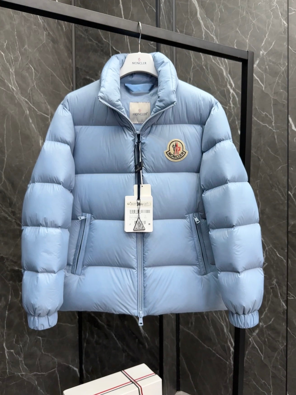 Moncler Large-Logo Stand-Collar Puffer Jacket - Light Blue