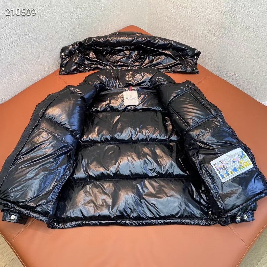 Moncler Glossy Hooded Puffer Jacket with Tricolor Trim - Black
