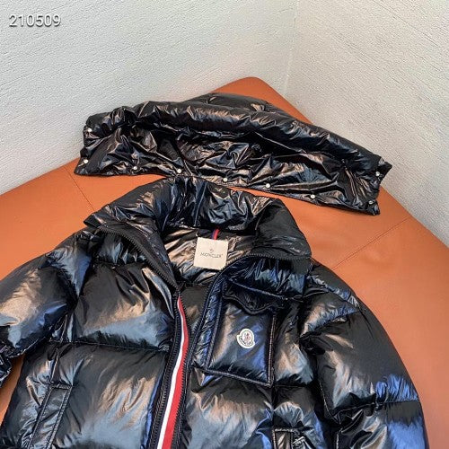 Moncler Glossy Hooded Puffer Jacket with Tricolor Trim - Black