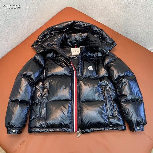 Moncler Glossy Hooded Puffer Jacket with Tricolor Trim - Black