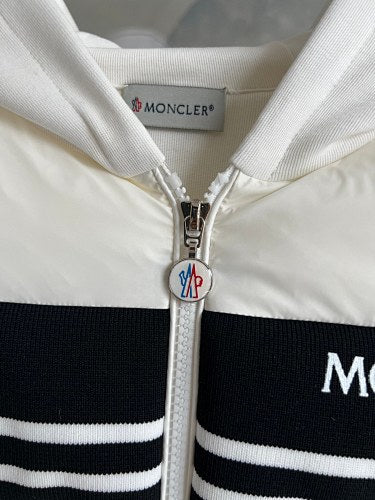 Moncler Hooded Quilted-Front Jacket with Contrast Chest Stripe - White