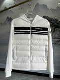 Moncler Hooded Quilted-Front Jacket with Contrast Chest Stripe - White