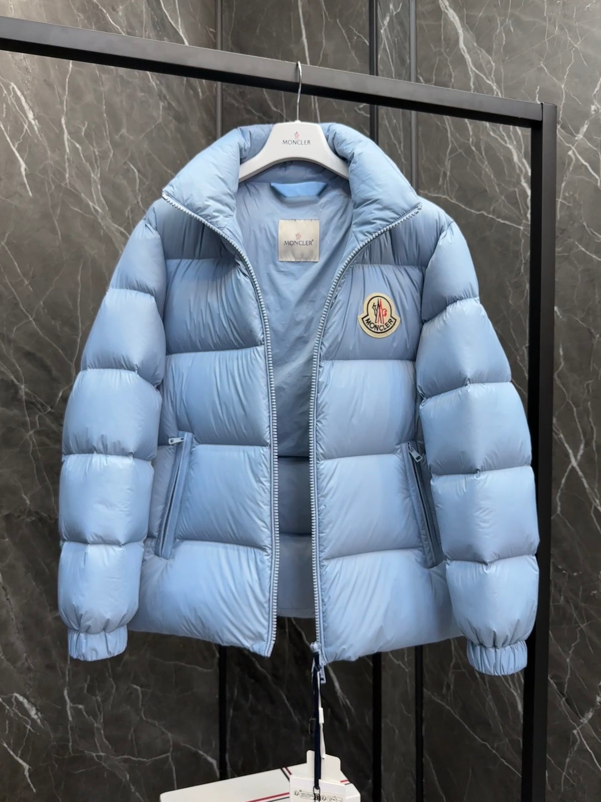 Moncler Large-Logo Stand-Collar Puffer Jacket - Light Blue
