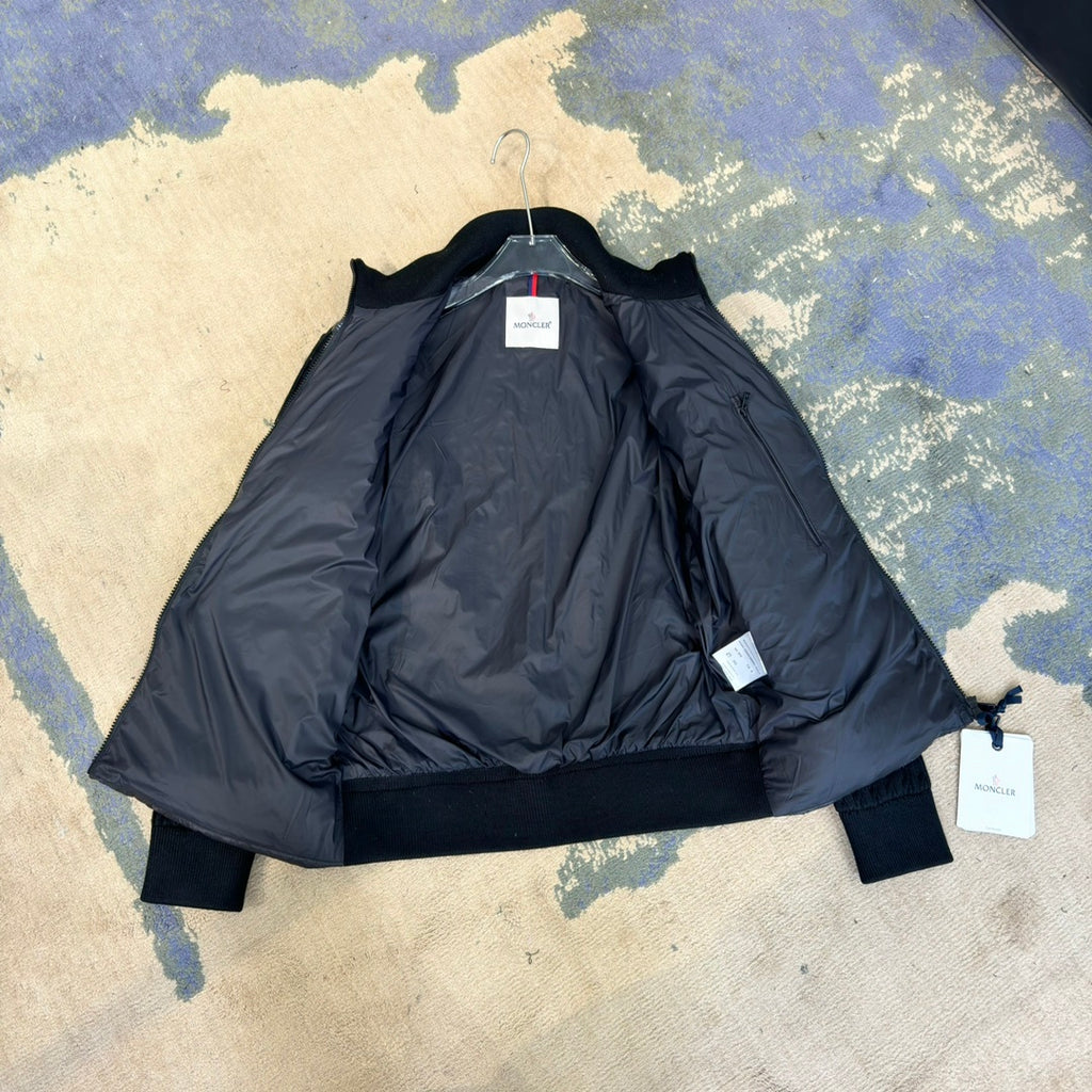 Moncler Quilted-Front Knit Jacket with Striped Sleeves - Black