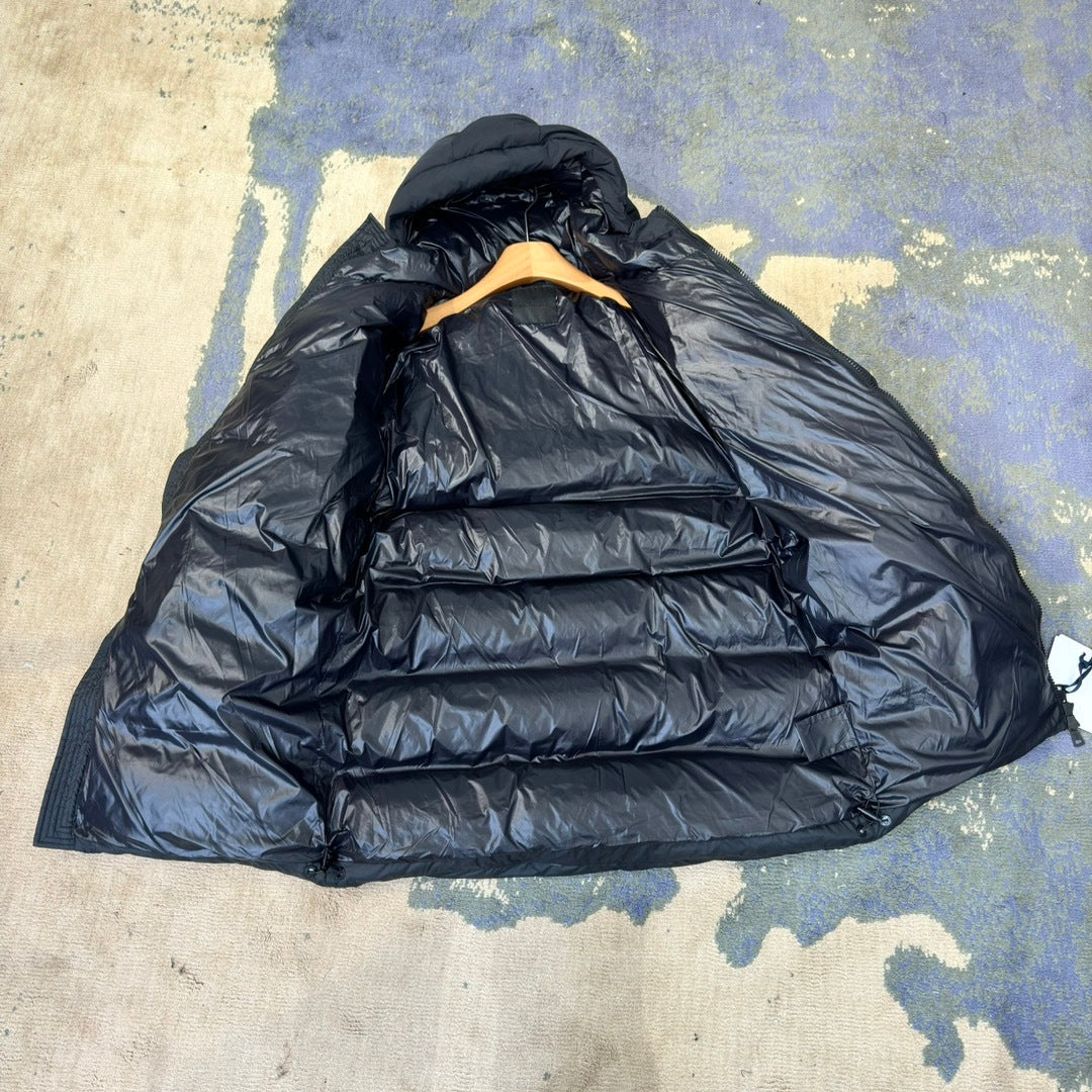 Moncler Longline Hooded Puffer Coat with Oversized Logo Patch - Black