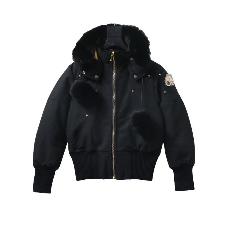 Moose Knuckles Gold Debbie Hooded Down Bomber Jacket in Black