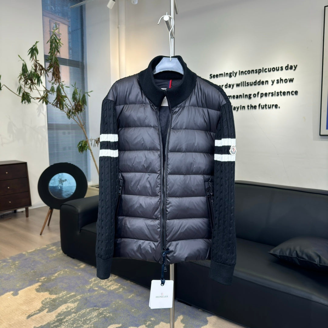 Moncler Quilted-Front Knit Jacket with Striped Sleeves - Black