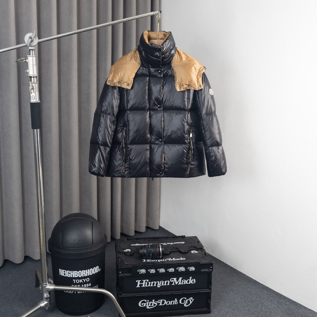 Moncler Colorblock Hooded Puffer Jacket - Black & Tan