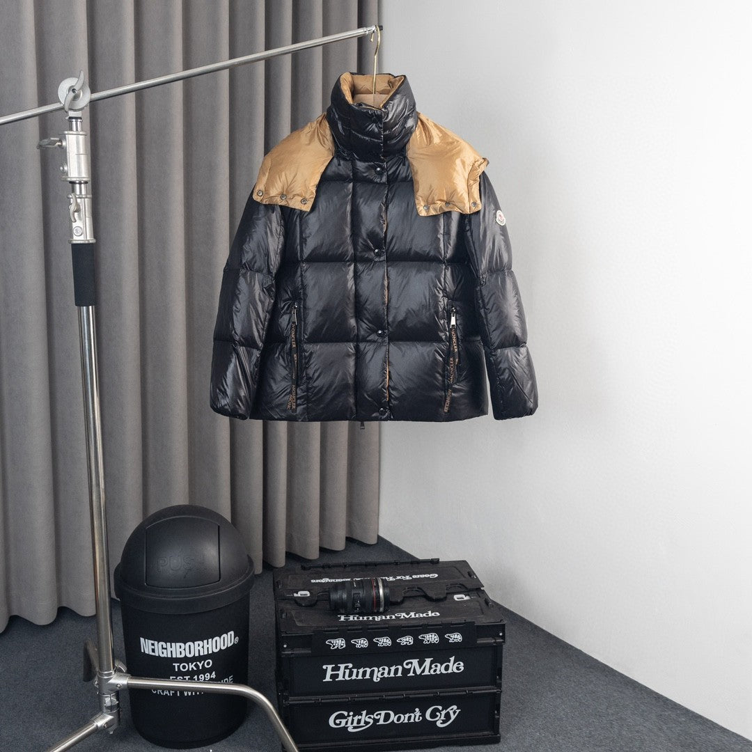 Moncler Colorblock Hooded Puffer Jacket - Black & Tan