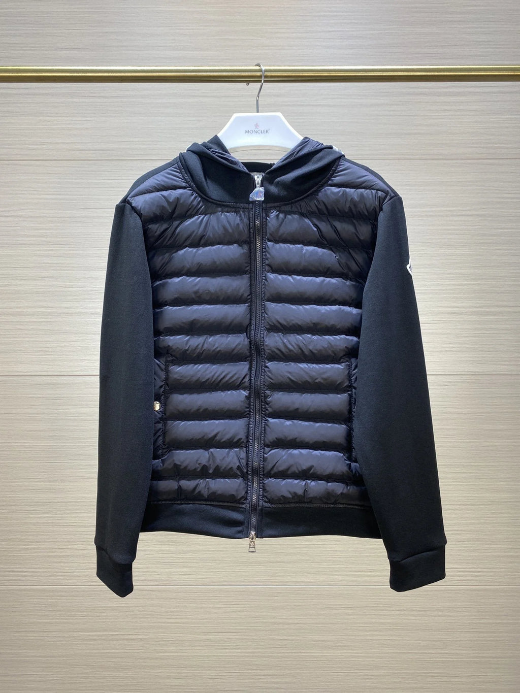 Moncler Hooded Quilted-Front Jacket with Sweater Sleeves - Black