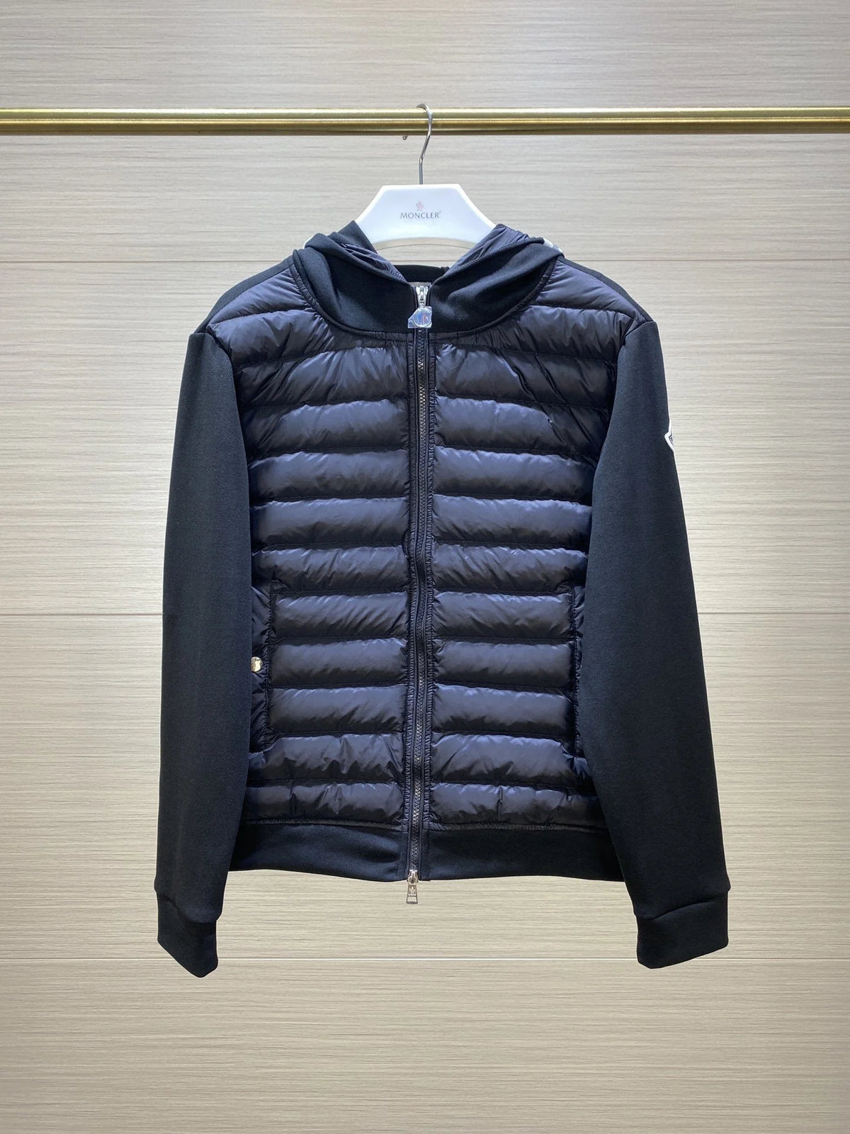 Moncler Hooded Quilted-Front Jacket with Sweater Sleeves - Black