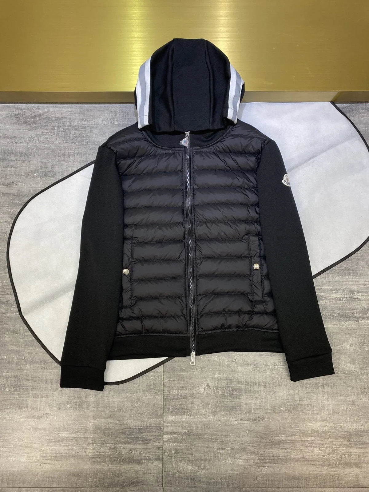 Moncler Hooded Quilted-Front Jacket with Sweater Sleeves - Black