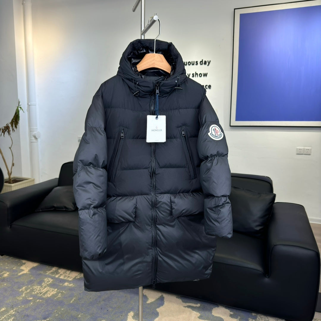 Moncler Longline Hooded Puffer Coat with Oversized Logo Patch - Black