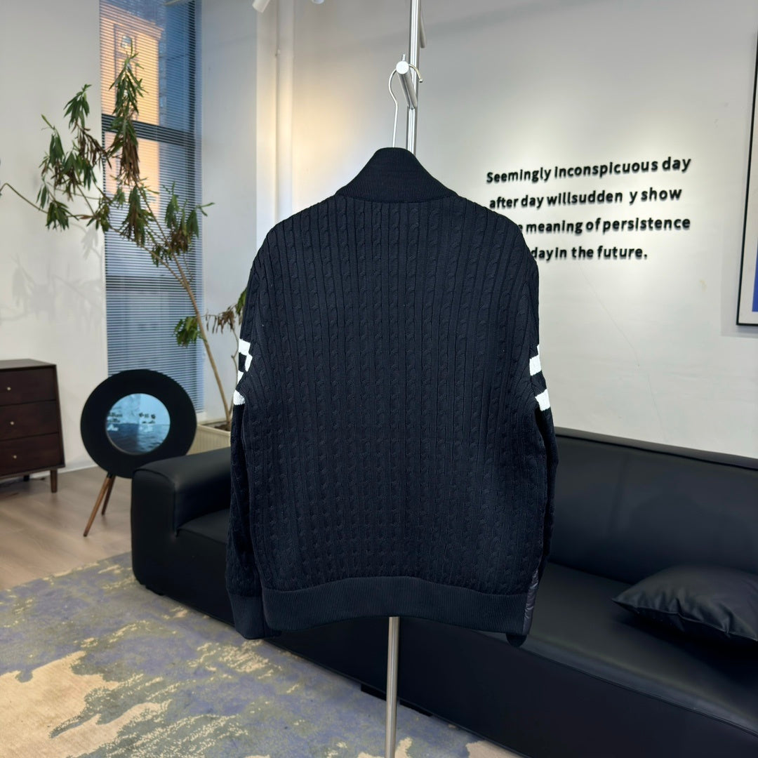 Moncler Quilted-Front Knit Jacket with Striped Sleeves - Black