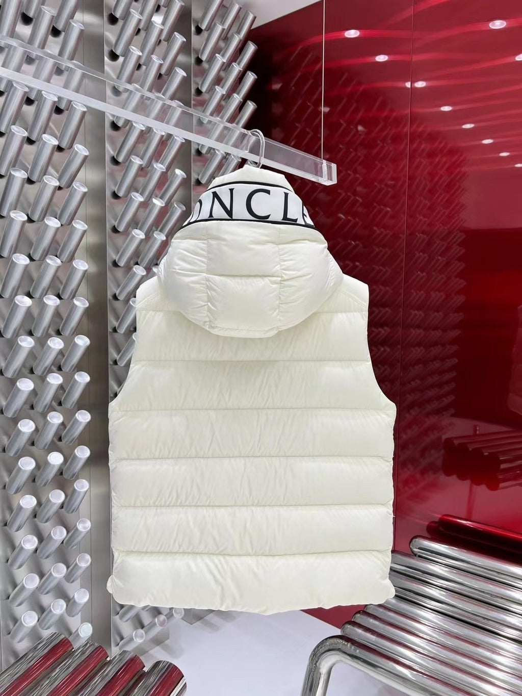 Moncler Hooded Down Vest with Logo Lettering - White