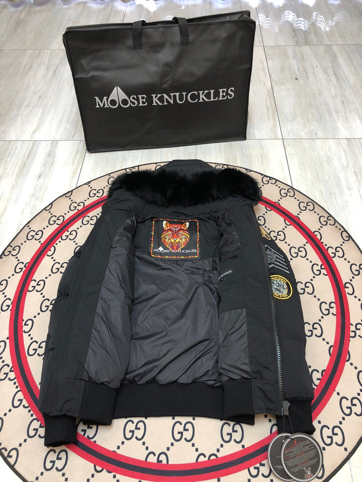 Moose Knuckles Unisex Multi-Patch Hooded Bomber Jacket - Black